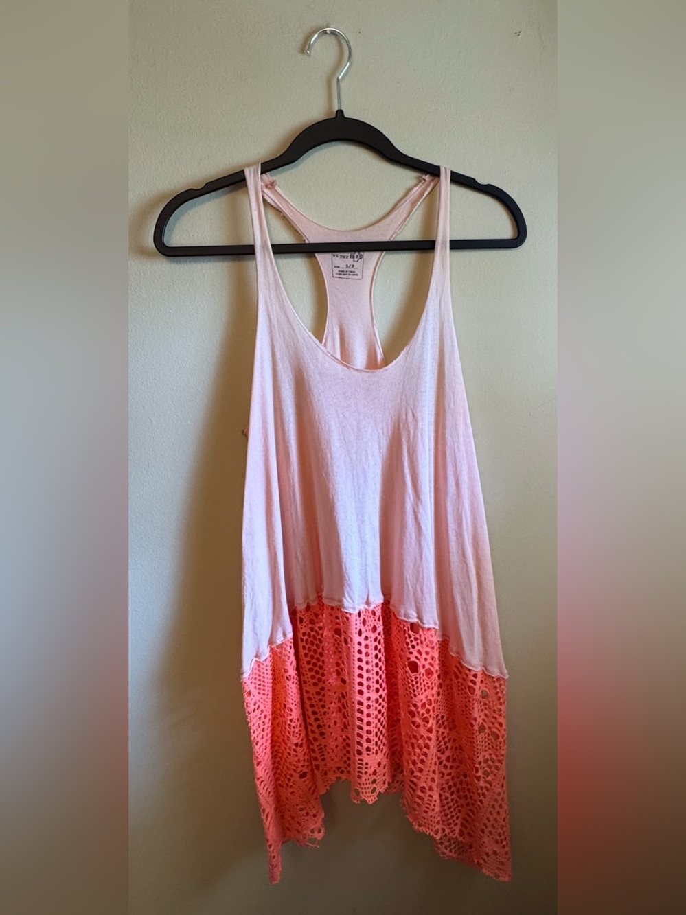 We The Free Light Pink Racerback Tank with Coral Crochet Hem